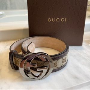 Brand New Like Condition Gucci Double G Brown Leather and Tan Canvas Belt